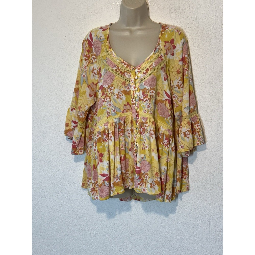 Womens 1X 14/16Peasant Top Pink Yellow Boho Babydoll Embroidered Festival Torrid
